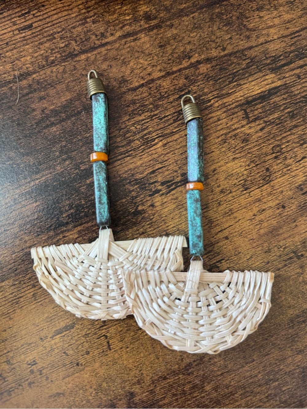 Turquoise Patina & Woven Straw Fan Drop Earrings